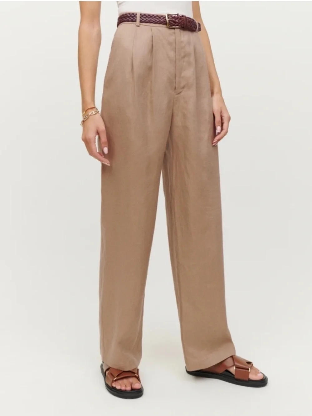 NWT Reformation Vesta Linen Straight-Leg Pants Khaki Brown 4